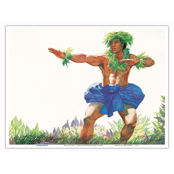 Blue Hula Man (Ke Kāne Hula Uliuli) - Hawaiian Hula Dancers - From an Original Watercolor Painting by Janet Stewart - Master Art Print (Unframed) 9in x 12in
