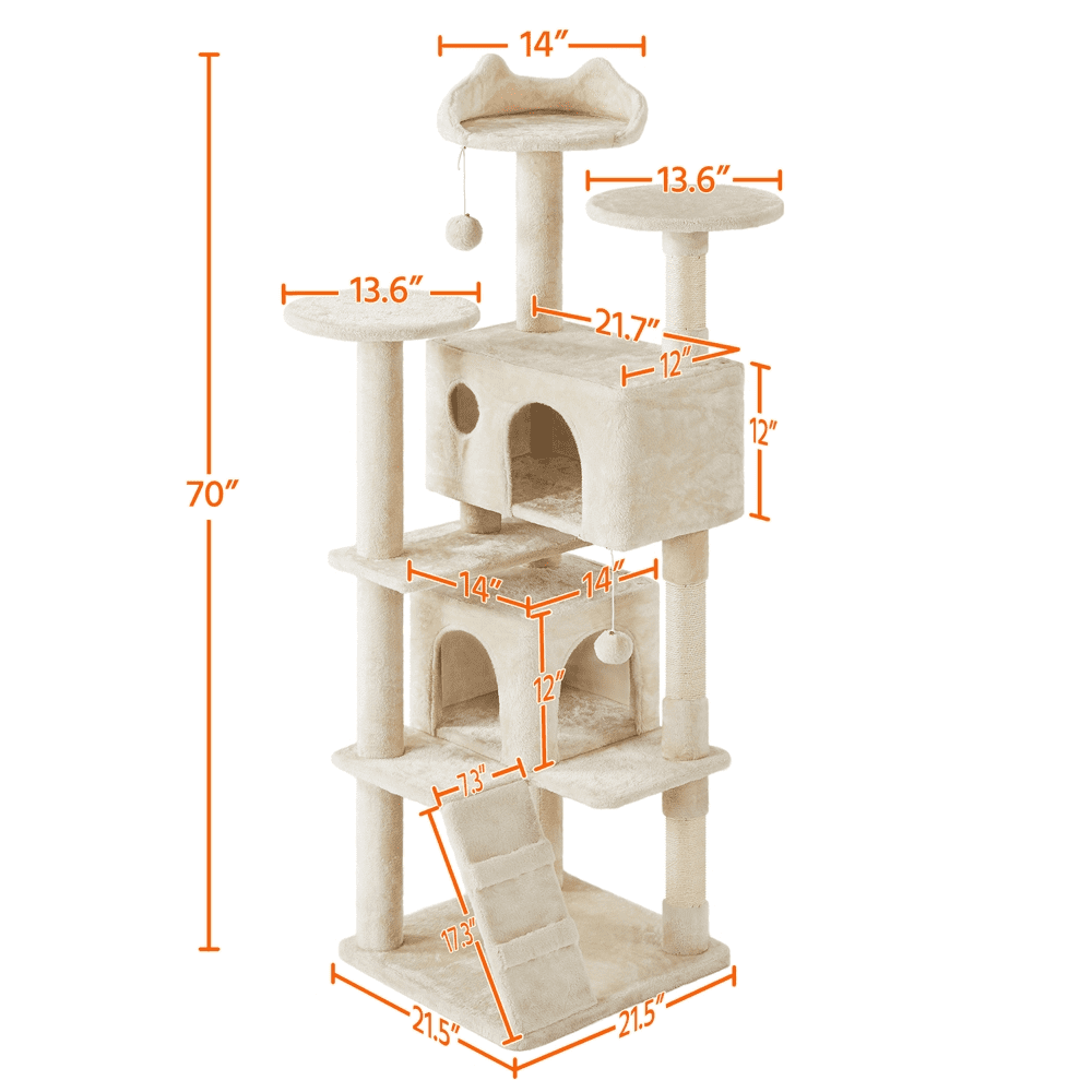 Alden Design 70" H Double Condo Cat Tree with Scratching Post Tower, Cream