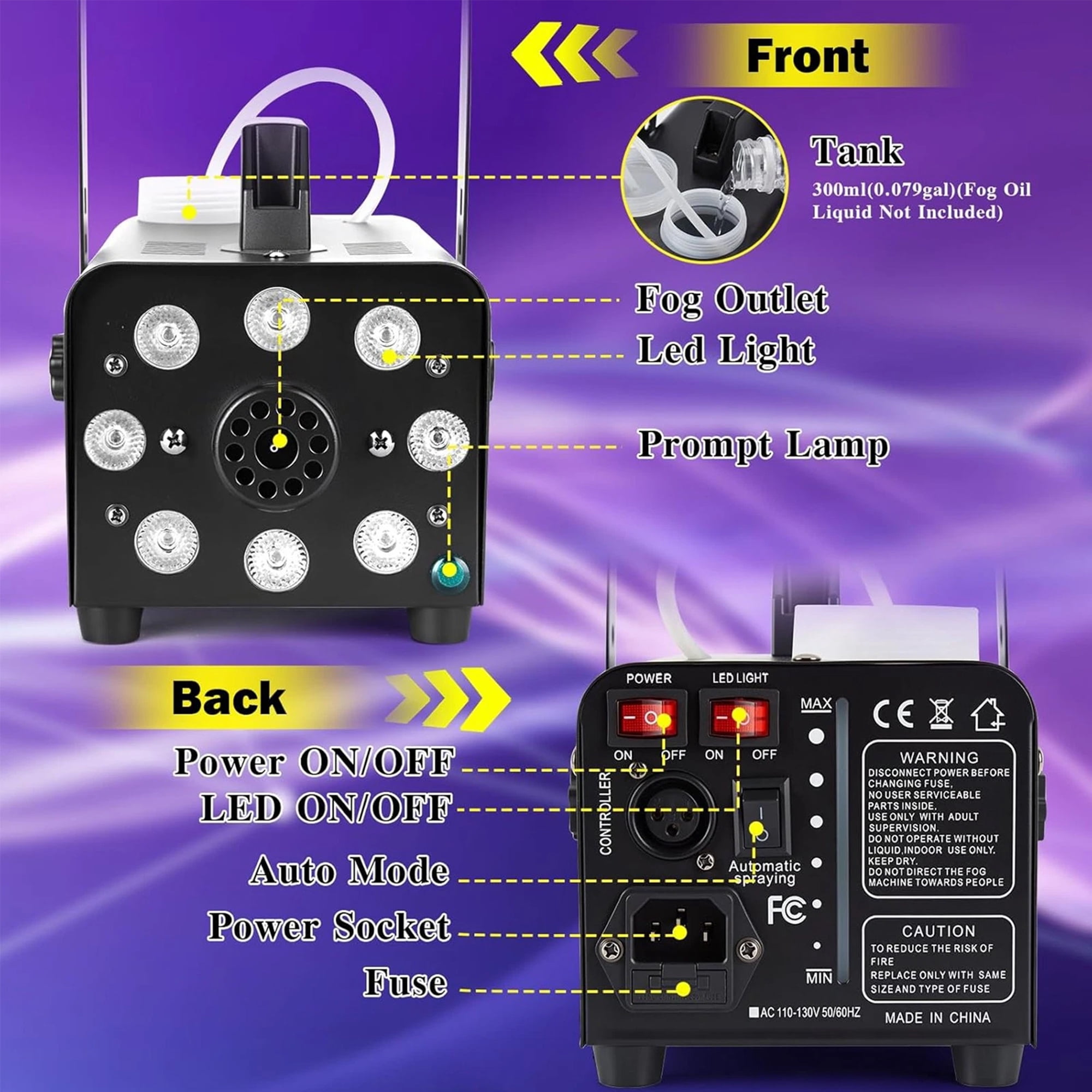 Fog Machine, Smoke Machine with 8 LED Lights 13 Colorful Effect, Wireless & Wired Remote Control, Perfect for Halloween, Wedding, Party and DJ Stage Effect