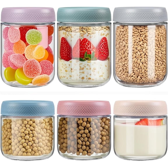 6 Pack Overnight Oats Containers with Lids, 16oz and 10 oz Glass jars with Airtight Lids, Wide mouth Mason Salad jars, Glass Food Storage Containers for Snacks Yogurt Spice Sugar