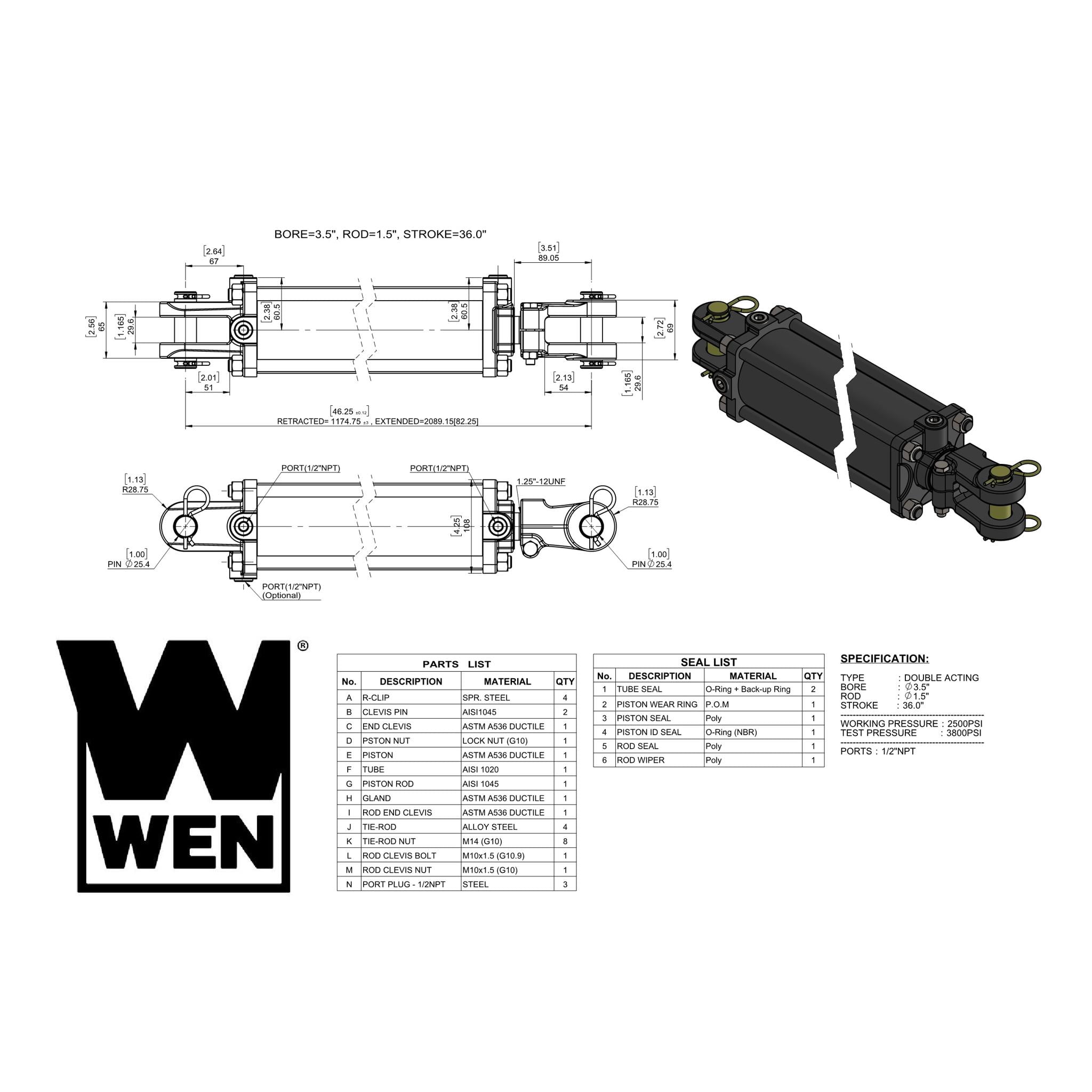 WEN 2500 PSI Tie Rod Hydraulic Cylinder with 3.5 in. Bore and 36 in. Stroke (TR-3536)