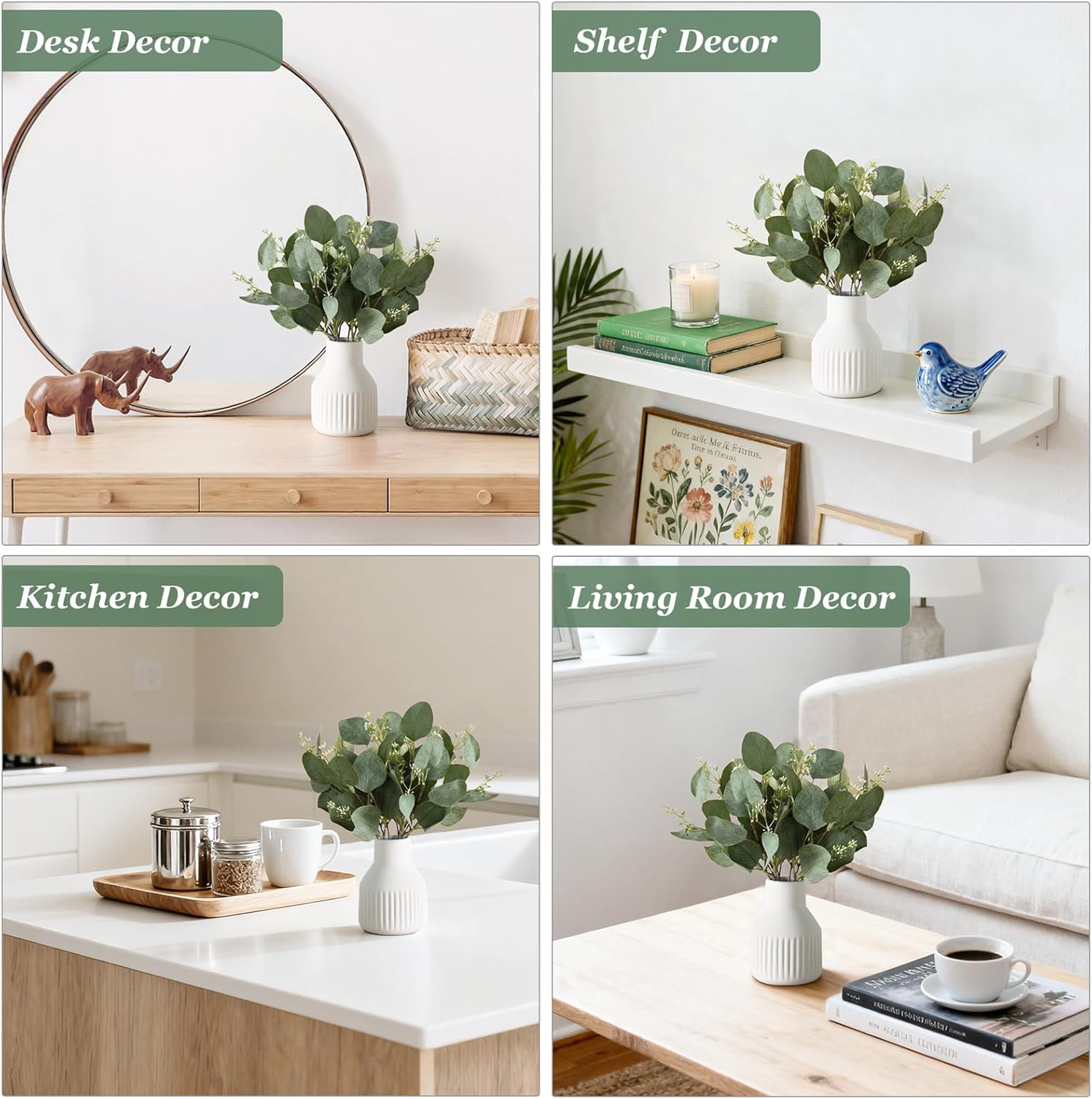 Artificial Eucalyptus Stems in Small Ceramic Vase Centerpiece Table Decorations Modern Farmhouse Decor Fake Eucalyptus Plants with Vase for Bathroom Kitchen Shelf Living Room Home Decor, White