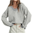 thumbnail image 3 of Juslio Women Sweaters Pullovers Women Tops Striped V Neck Long Sleeve Knit Gray, 3 of 7