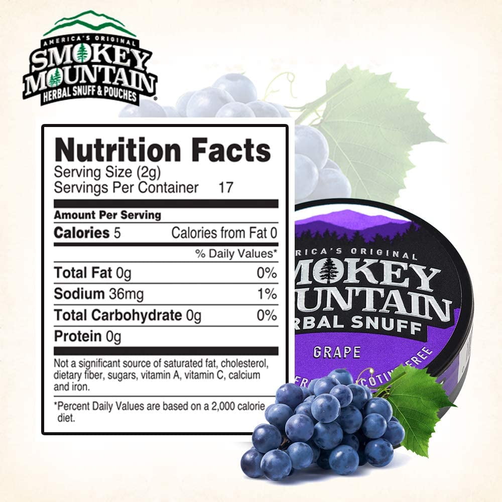 calories in chewing tobacco Smokey Mountain Herbal Long Cut – Grape – 10 Can Box - Tobacco Free and  Nicotine Free Snuff