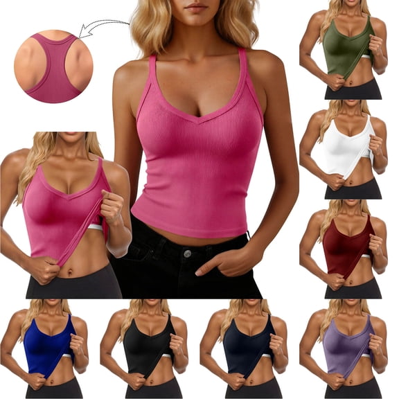 Miluxas Women's Ribbed Racerback Tank Tops Built in Bra V Neck Sleeveless Solid Crop Camisole for Yoga Workout White