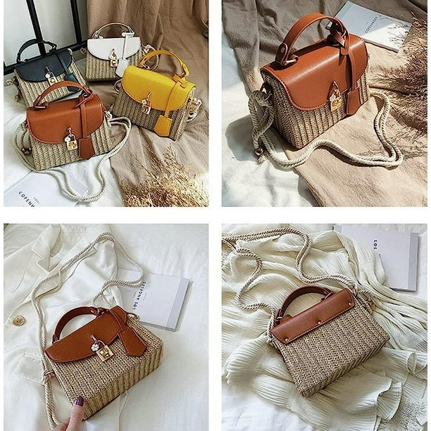 Laibmfc Straw Crossbody Bag For Women Hand Woven Shoulder Bag Leather Top Handle Small Boho Purse Rattan Beach Handbags White One Size