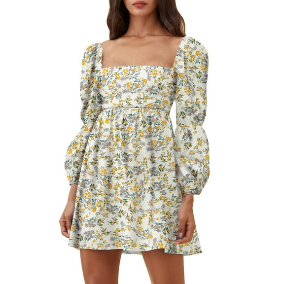 Womens Puff Sleeve Square Neck Mini Dress Floral Printed Boho Sundress Sexy Fashion Cute Babydoll Short Mini Dress