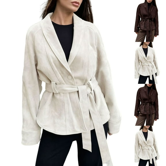 jtjvou Womens Faux Suede Jacket with Belt Long Sleeve Button Down Belted Suede Leather Jacket Coats Beige L