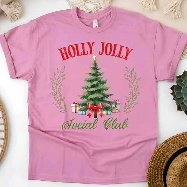 Holly Jolly Social Club T-Shirt | Christmas Tree Graphic Tee, Azalea, Size L