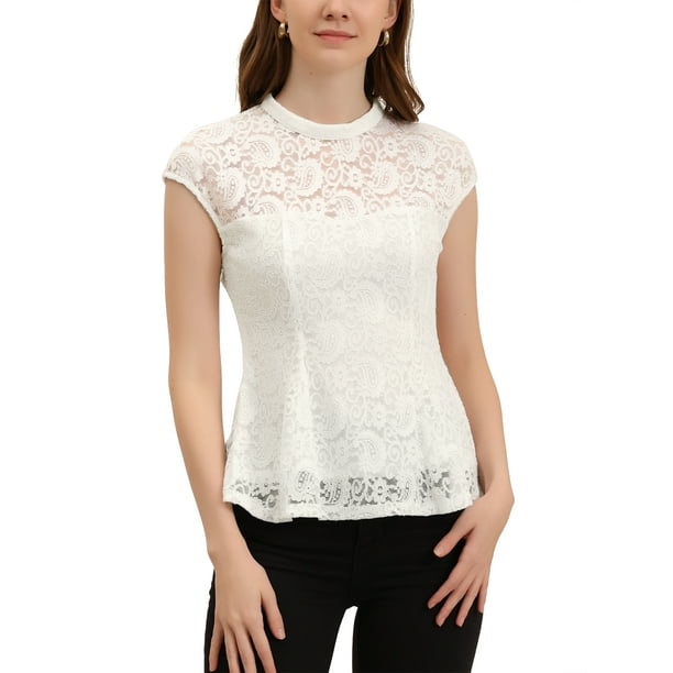 INSPIRAR CHIC Blusa sin mangas de encaje floral de ganchillo con cuello redondo y peplum para mujer L Blanca