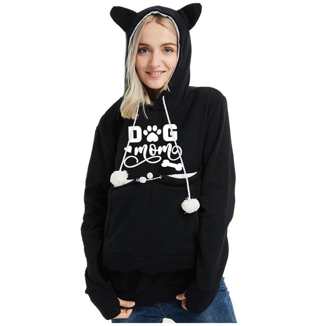 Sudadera con orejas de gato y bolsillo grande para mascotas de manga larga para mujer Pompotops gfhjh23269
