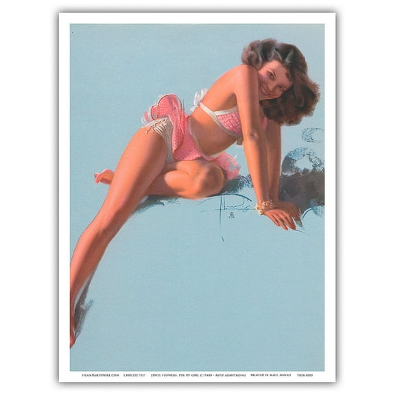 See You Soon - Glamour Girl Model Jewel Flowers - Famous Brown & Bigelow - Vintage Pin Up Girl Print by Rolf Armstrong c.1940s - Master Art Print (Unframed) 9in x 12in