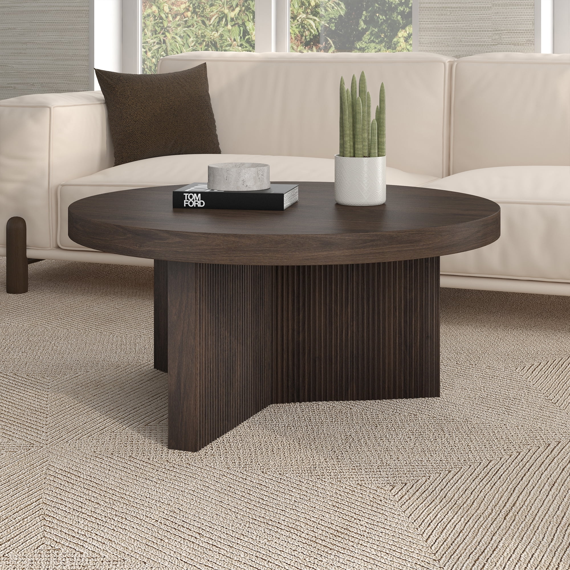 Holm 32" Wide Round Fluted Coffee Table in Alder Brown