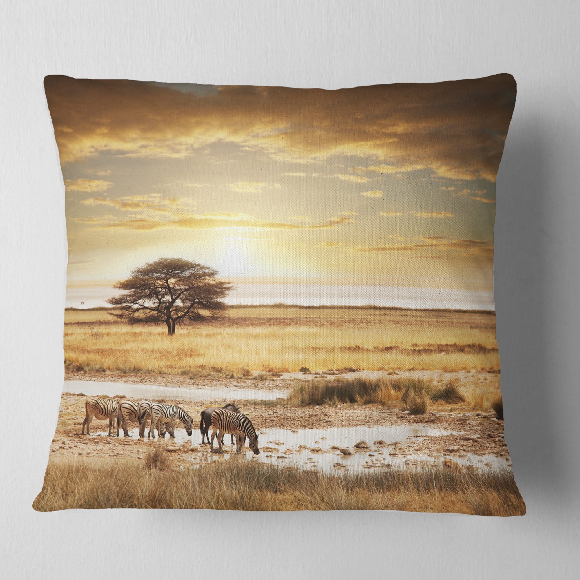 Designart Herd of Zebras Drinking Water - African Landscape Printed Throw Pillow - 16x16