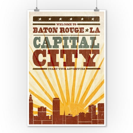 Baton Rouge Lantern - Baton Rouge, Louisiana - Skyline & Sunburst Screenprint Style - Lantern Press Artwork (9x12 Art Print, Wall Decor Travel Poster)