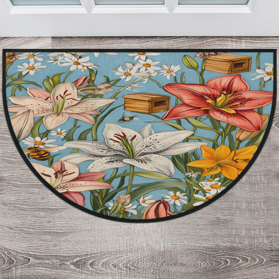 CURLYOOT Boho Floral Watercolor Flower Half Round Door Mat 40'' x 63'', Indoor Outdoor Entrance Rug, Semi Circular Area Rug, Non Slip Washable Absorbent Doormat, Laundry Room Rug