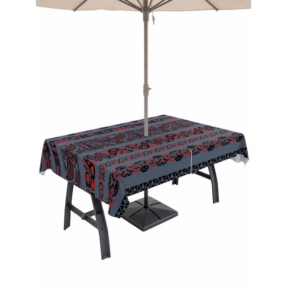 54x80 Inch Outdoor Tablecloth with Umbrella Hole Zipper Rectangle Navy Blue Vintage Boho Rectangular Tablecloths Waterproof Farmhouse Ethnic Tribe Classic Patio Table Cloth Cover for Picnic Party