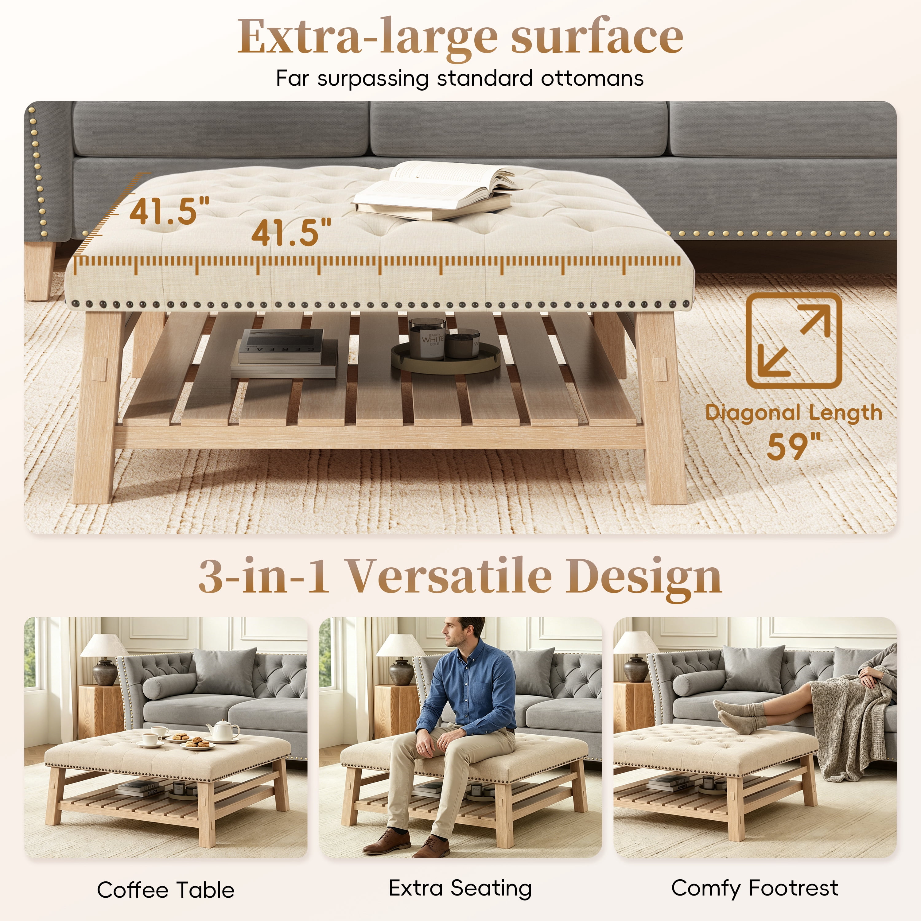 GARITIN Tufted Square Ottoman 41.5 Inch, Large Upholstered Footstool Coffee Table with Slatted Storage Shelf and Nailhead Trim, Beige