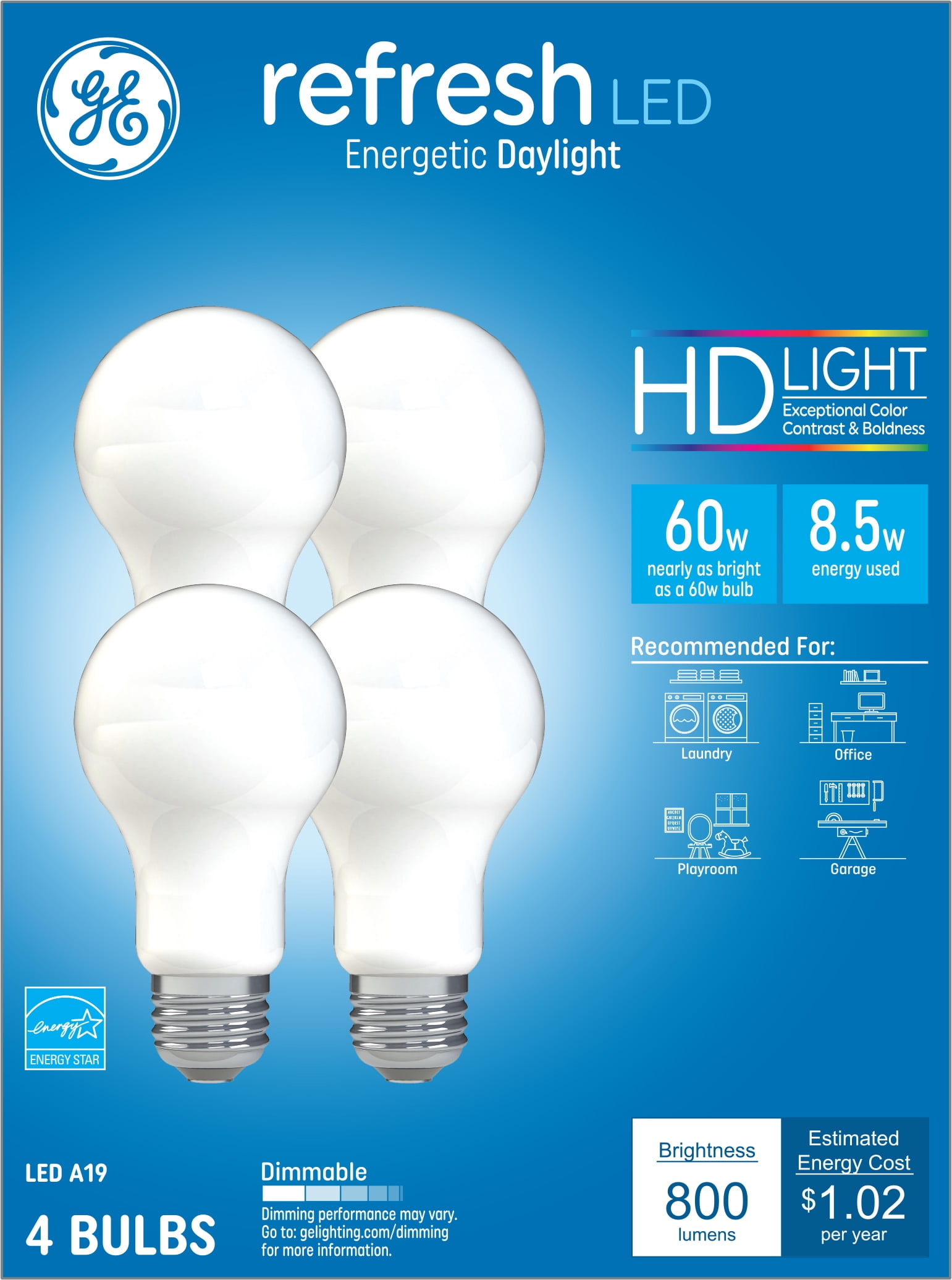 GE Refresh LED Light Bulbs 8.5 Watt (60 Watt Equivalent) HD Light, A19 Bulb Shape, Medium Base, Dimmable (4 Pack)