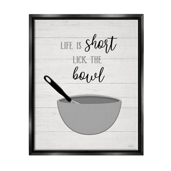 Life Is Short Lick The Bowl Phrase Typography Graphic Art Jet Black Framed Art Print Wall Art