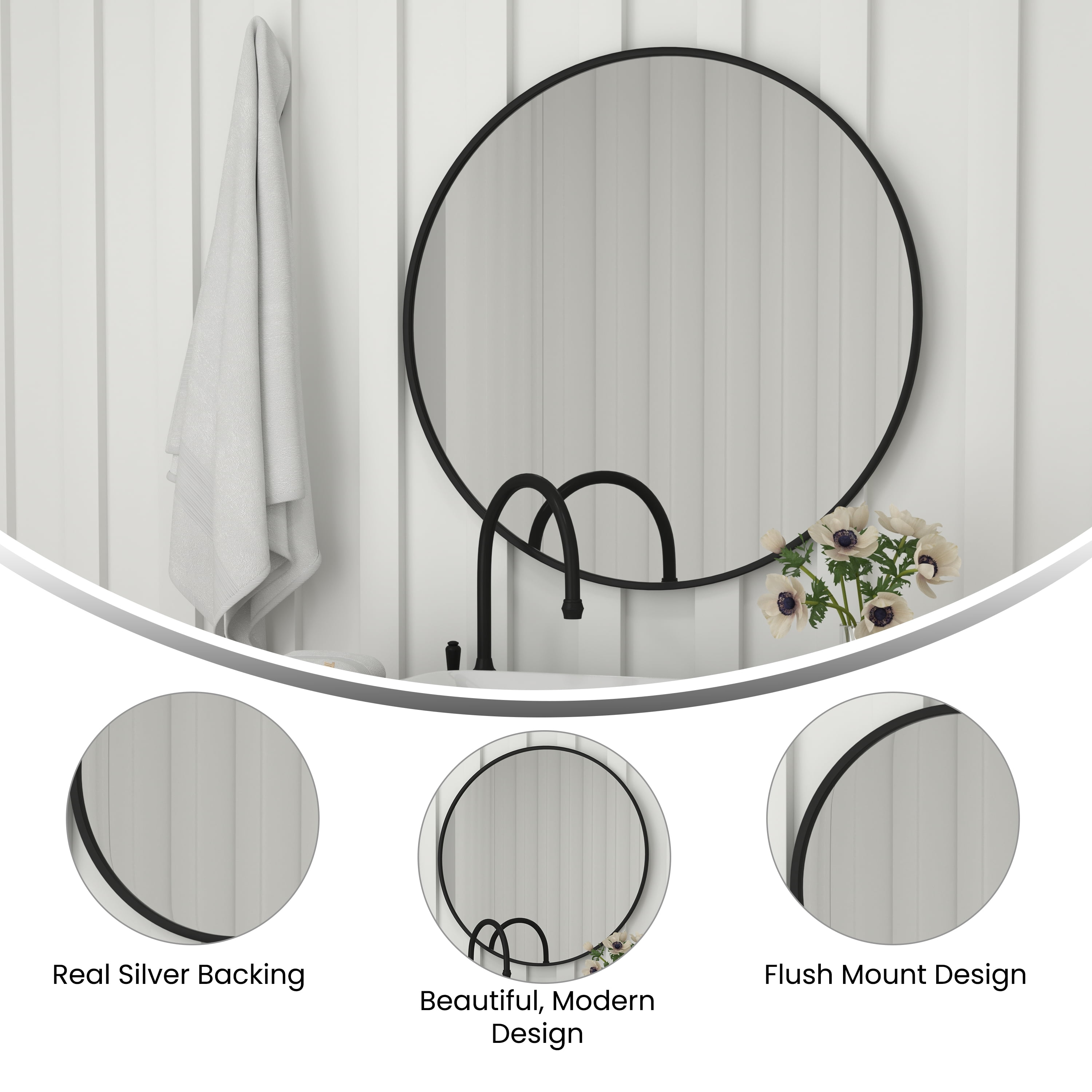 Flash Furniture Julianne 36" Round Black Metal Framed Wall Mirror - Large Accent Mirror for Bathroom, Vanity, Entryway, Dining Room, & Living Room