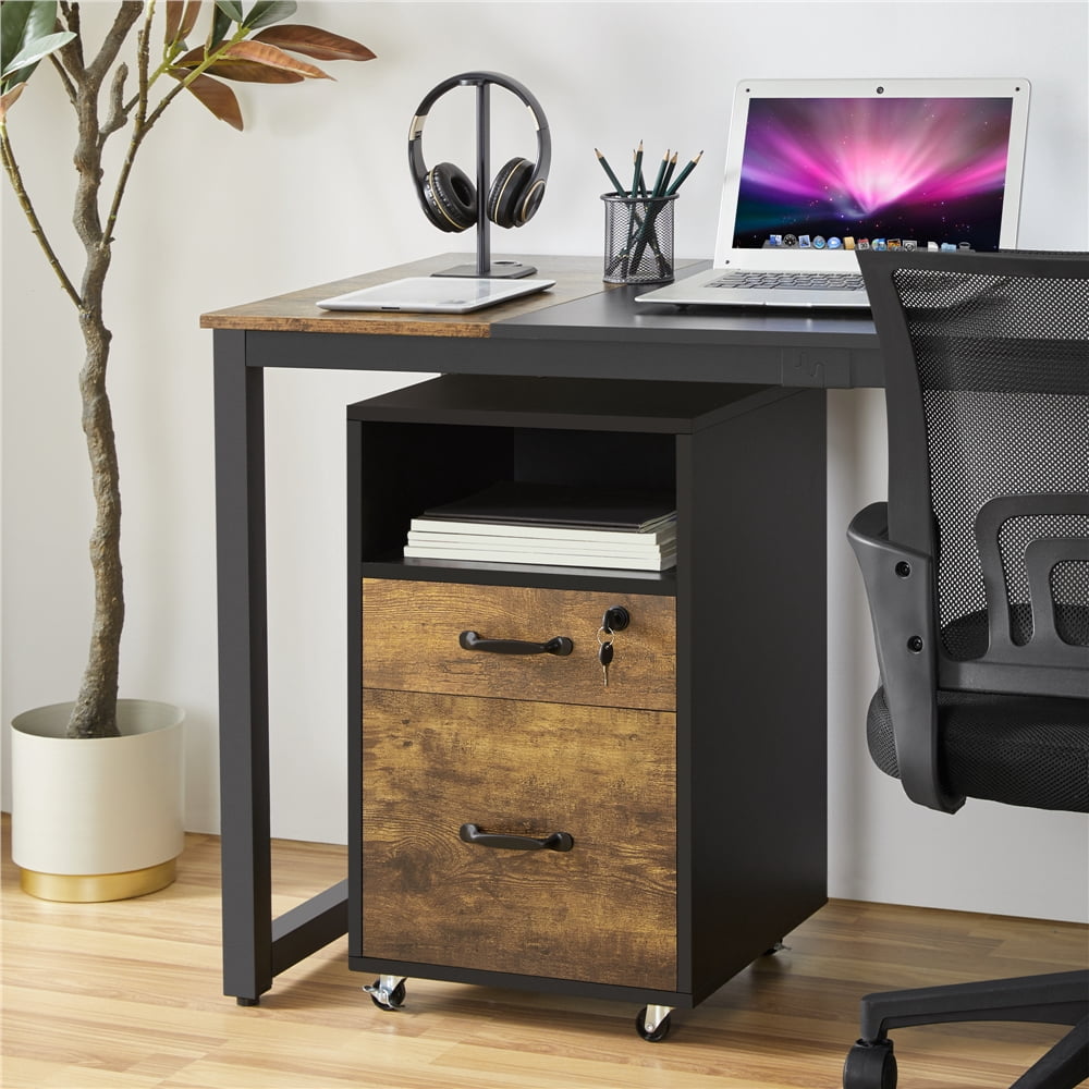 Yaheetech 2-Drawer Wooden Vintage File Cabinet with Wheels for Home and Office, Black/Rustic Brown