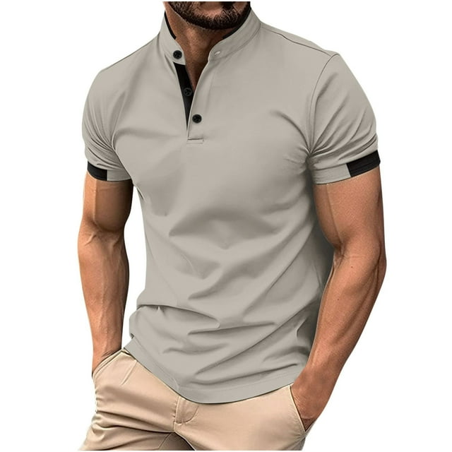 Birdeem Shirts for Men Mens Patchwork Fallow Button Round Neck Sports Short Sleeve Shirt