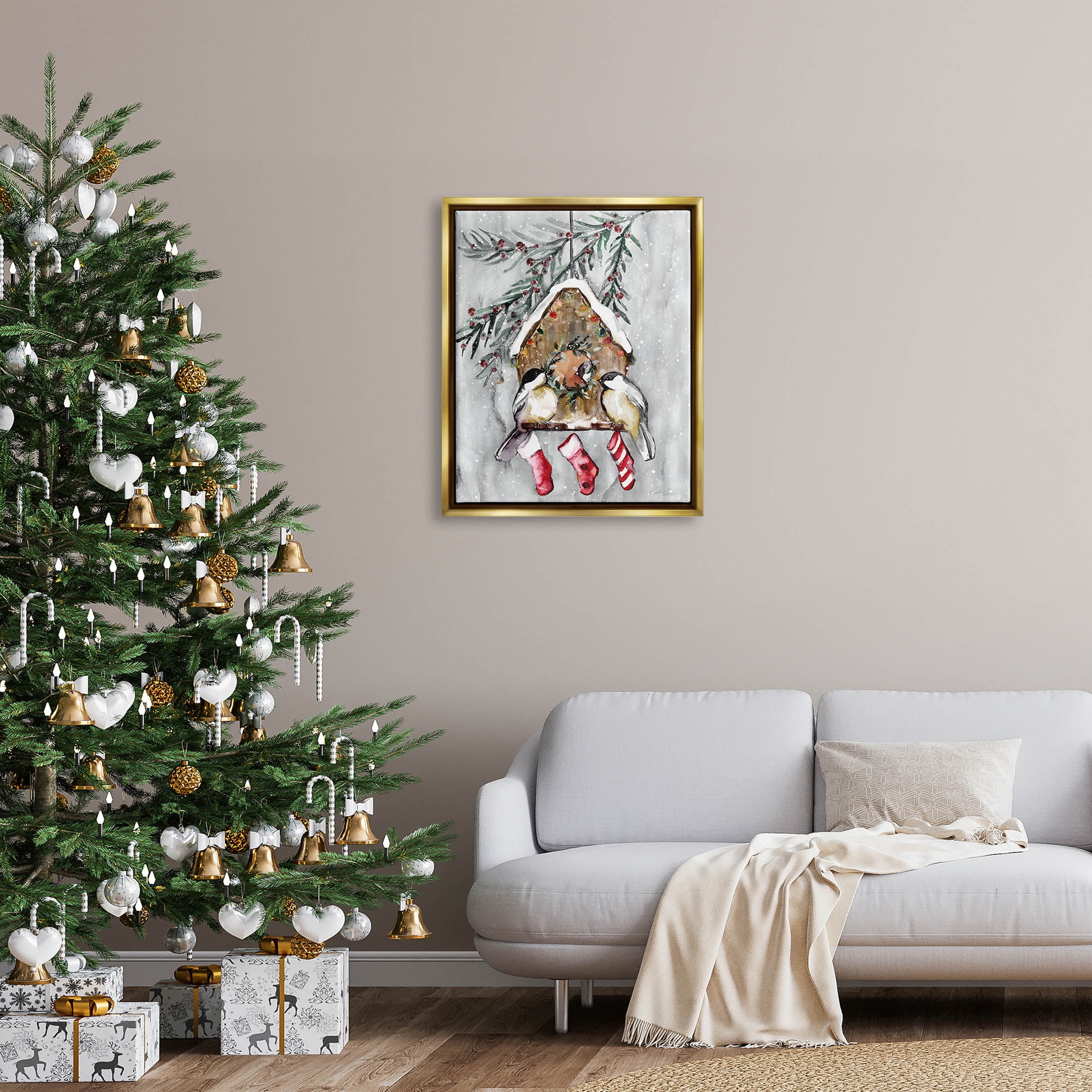 Stupell Industries Holiday Stockings Birdhouse Perched Graphic Art Metallic Gold Floating Framed Canvas Print Wall Art, Design by Stella Chang