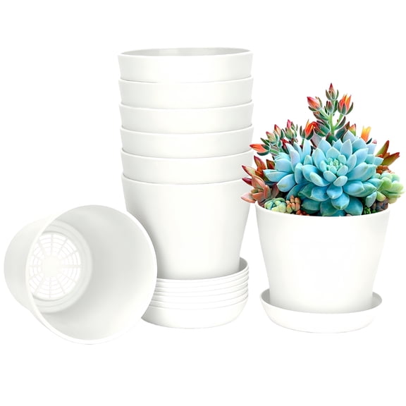 GIXUSIL 8-Pack 4 inch Plastic Plant Pots with Saucers, Thickened Seedling Nursery Pots for Indoor Plants, Flowers, Succulents, Herbs, Vegetables with Drainage Holes (White)
