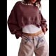 thumbnail image 2 of Sudadera Corta para Mujer, Cuello Redondo, Larga, Talla Grande, Otoño-Invierno 2025, Estilo Jersey Holgado. Vino Tinto M, 2 of 8