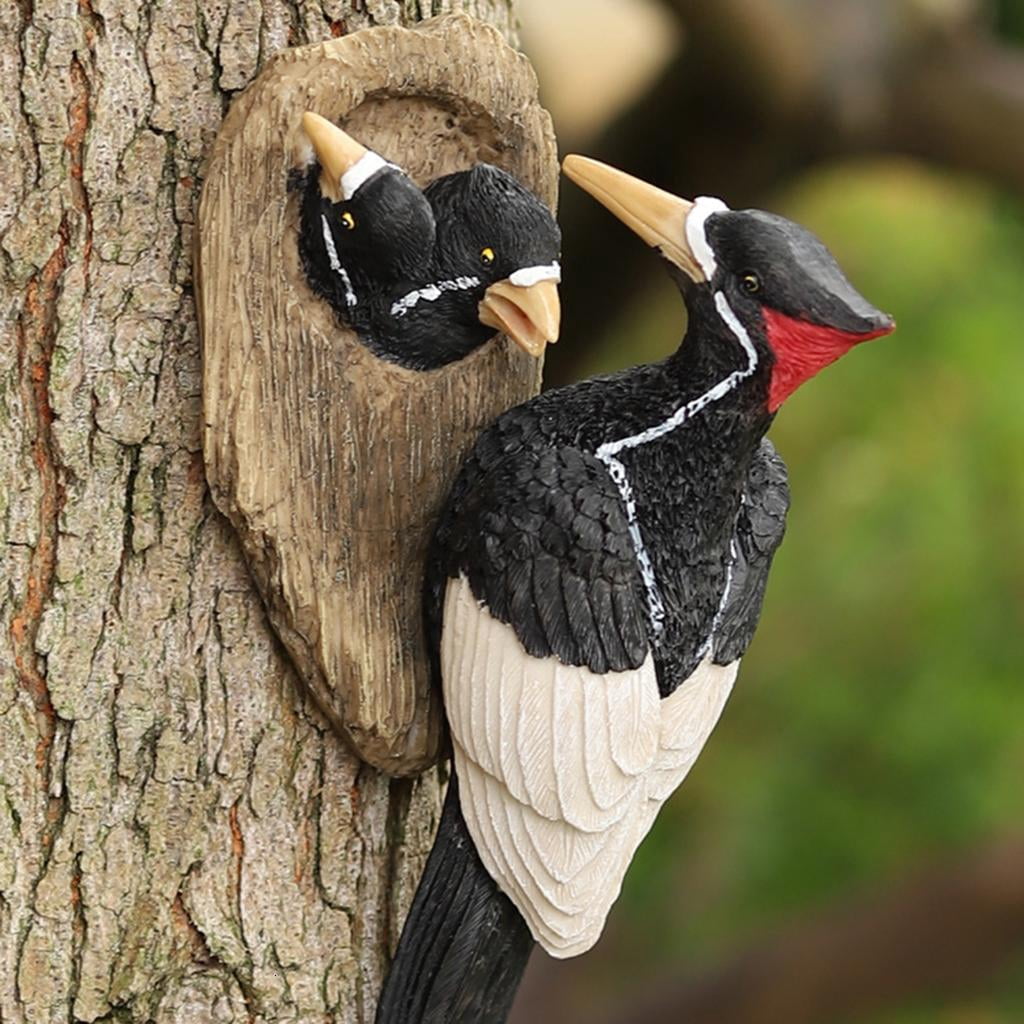 Yihuala Woodpecke Bird Figurines Realistic Birds Statue Tree Peeker Yard Art Sculpture Mom and Woodpecke Garden Statue