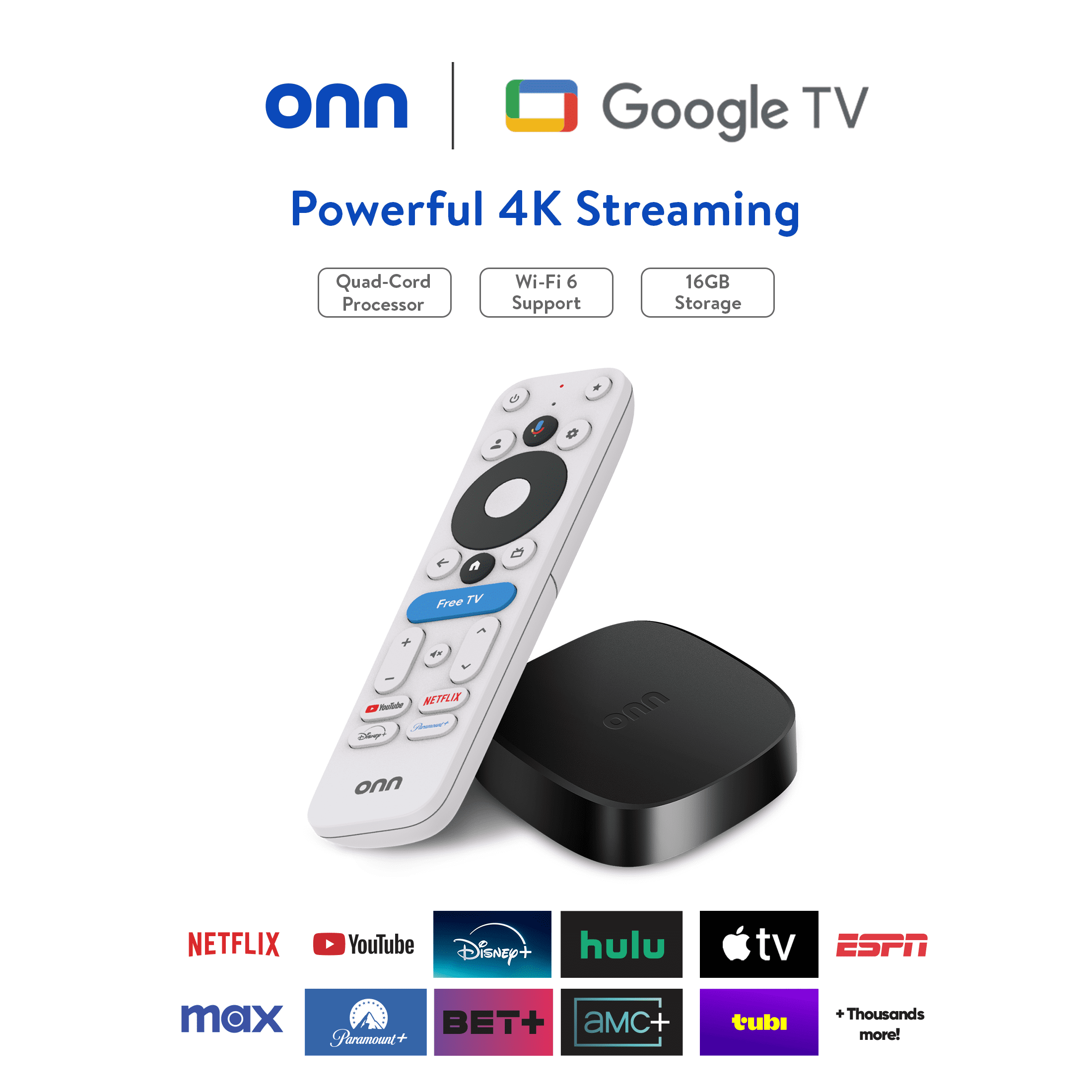 onn 4K Plus Streaming Device, Google TV - Ultra-fast Streaming, Stunning 4K UHD, 16GB Storage, 2GB RAM, Dolby Vision & Atmos, Remote with Voice Control - U.S. Compatible only