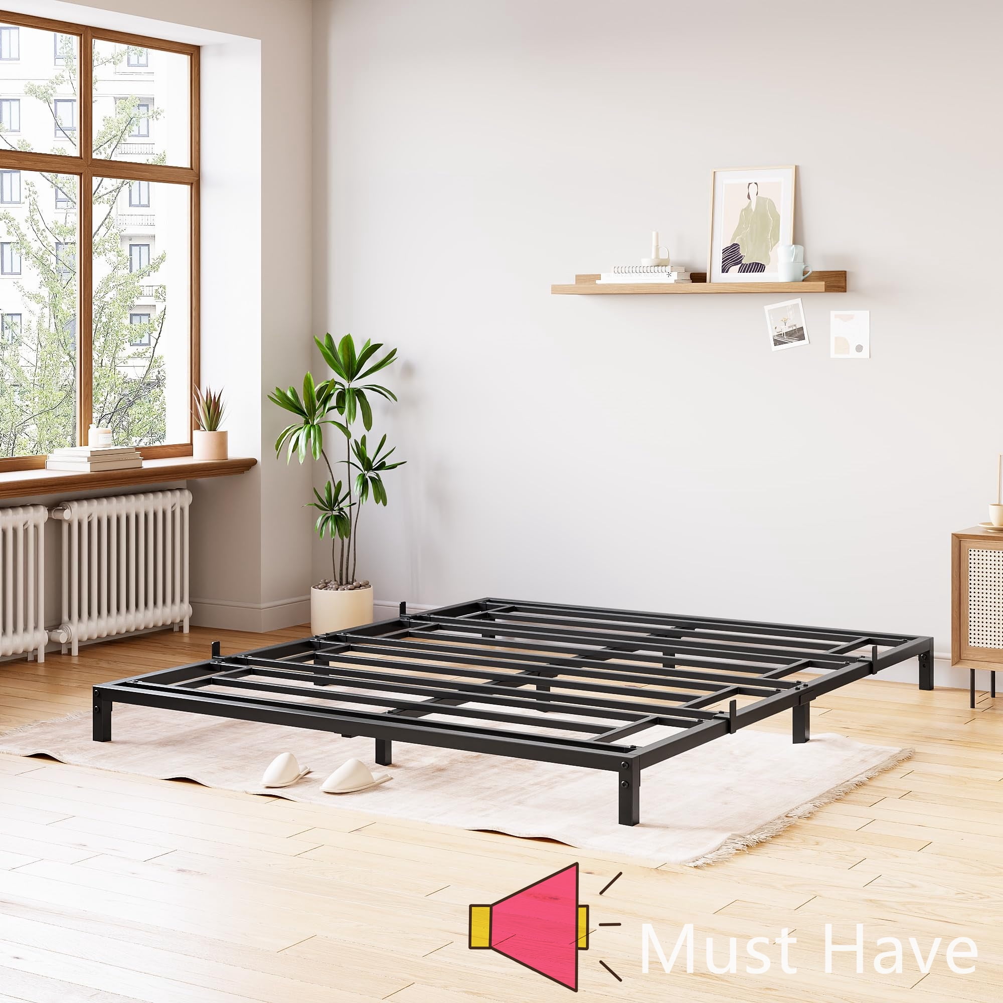 Jojoka 8 Inch Queen Size Metal Platform Bed Frame with Heavy Duty Steel Slats, Noise-Free Design, Reinforced Center Support, Under-Bed Storage Space, and No Box Spring Needed