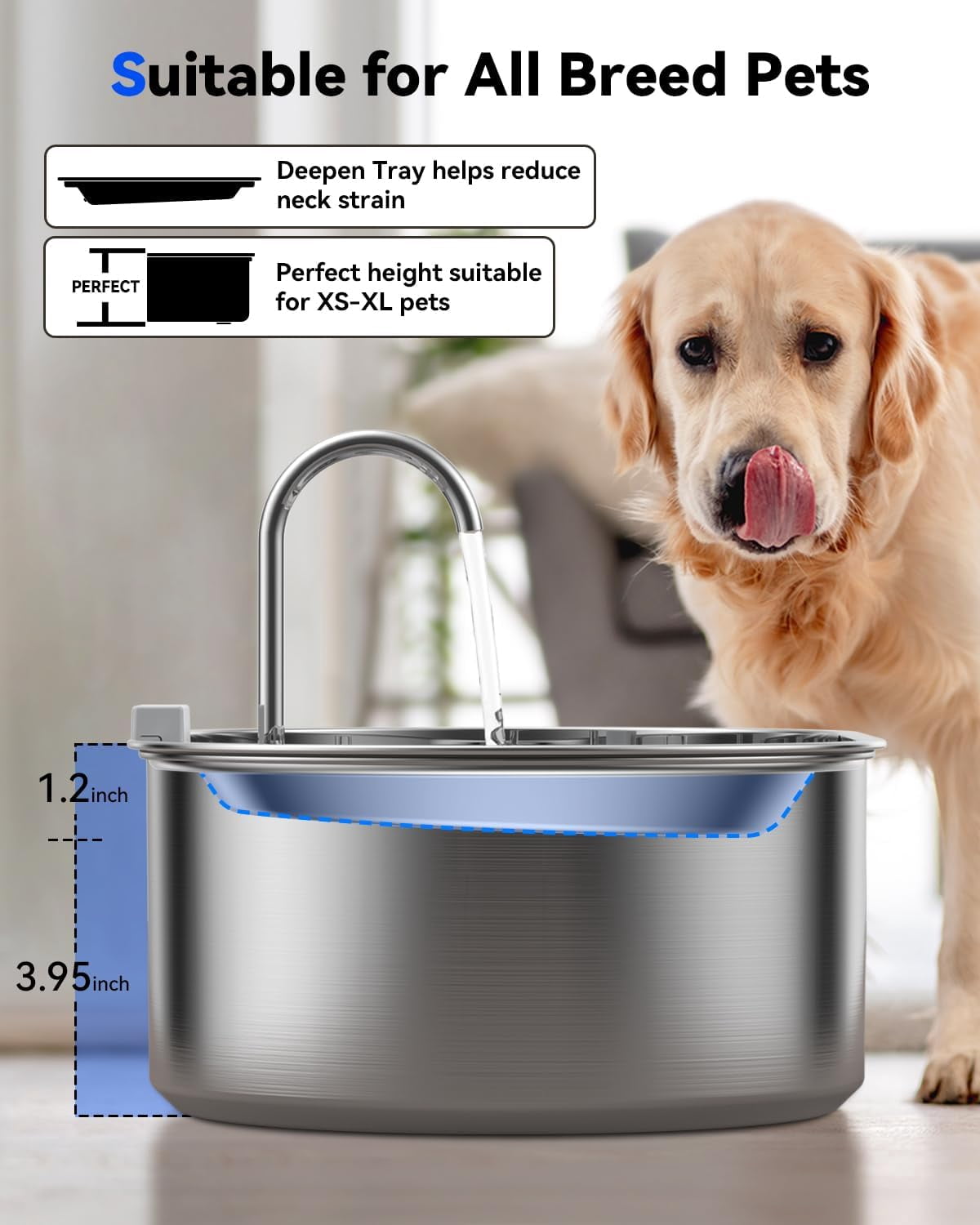 Stainless Steel Automatic Pet Water Fountain with 13L Capacity, Wide Drinking Area and Water Level Window for Large Dogs