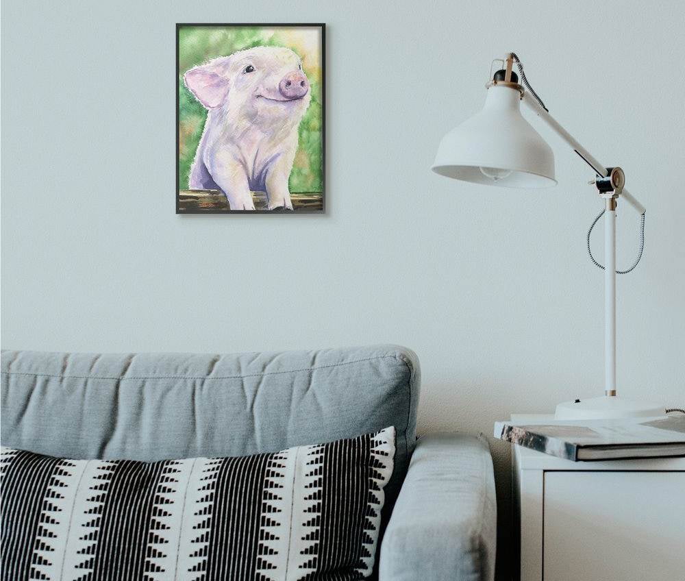 Stupell Industries Baby Pig Animal Green Watercolor Painting Framed Giclee Texturized Art by George Dyachenko