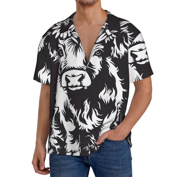 Balery Floral Cow Silhouette Camisa Casual de Manga Corta con Botones para Hombre, Texturizada, Estilo Cubano, para Playa, Verano-Medium