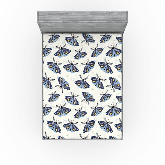 Ambesonne Moth Drawing Fitted Sheet, Jungle Animal Wingy, California King, Dark Sky Blue Off White