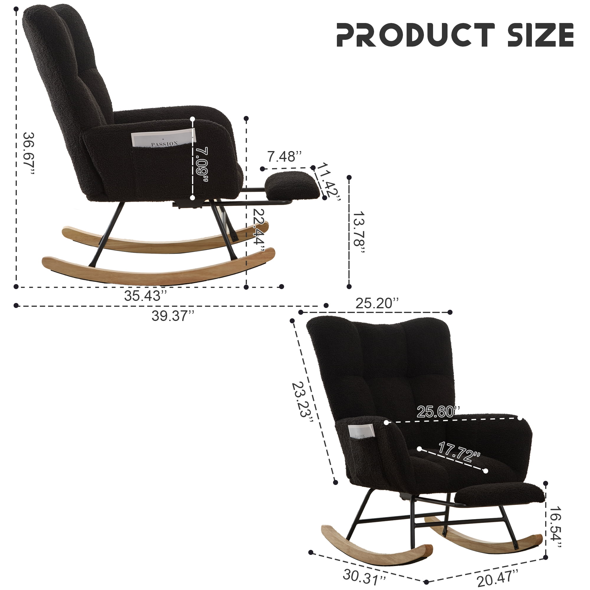 Hforesty Nursery Rocking Chair Teddy Upholstered Glider Rocker，Comfy Armchair with retractable footrest for Living Room & Nursery,BLACK