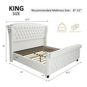 VanAcc King Size Platform Bed Frame, Chenille Upholstered Sleigh Bed Frame with Scroll Wingback Headboard & Footboard/Button Tufted/Cream