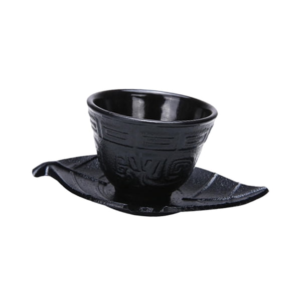Juego de posavasos de hierro fundido para taza de té, taza decorativa para oficina, juego de té Kung Fu, color negro Posavasos de hojas