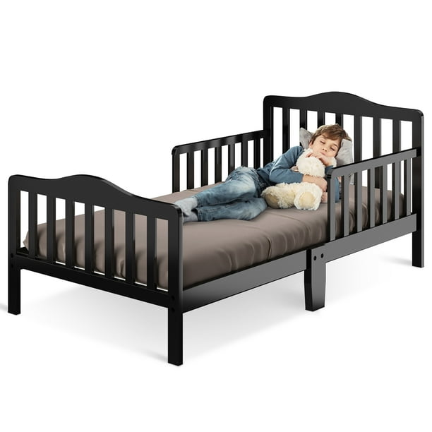 Costway Kids Toddler Wood Bed Bedroom Furniture w/ Guardrails Black