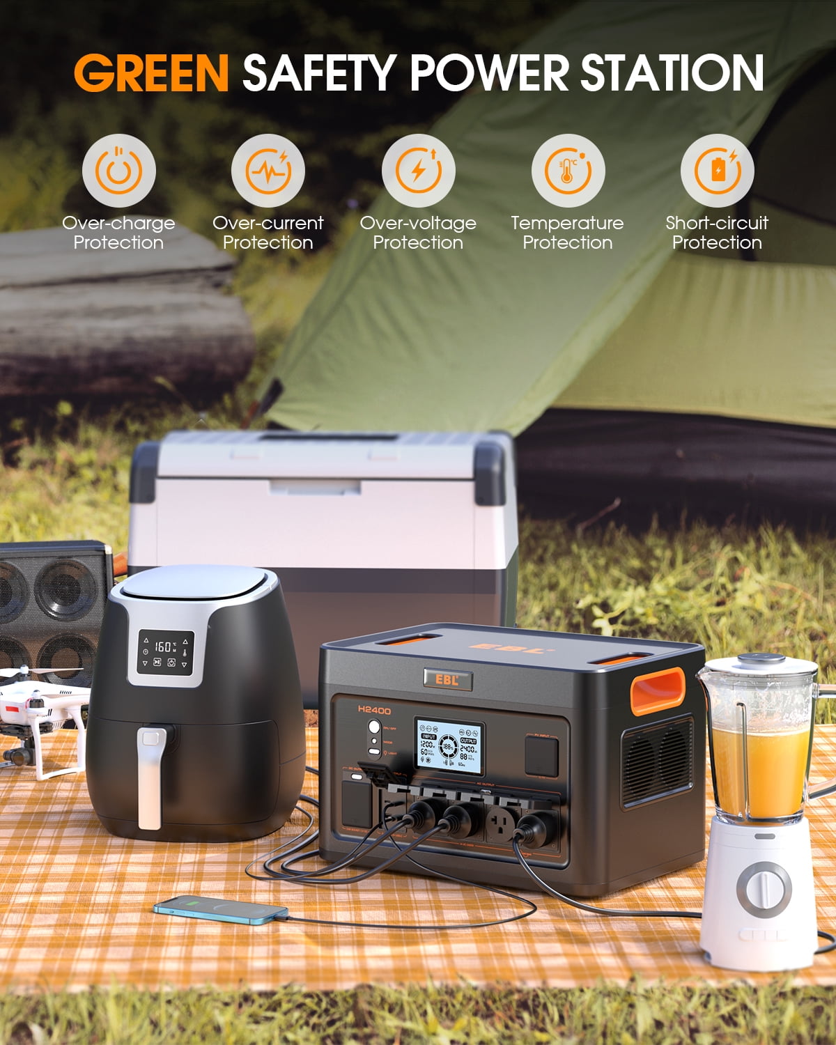 EBL 2400W Portable Power Station, 1843.2Wh Solar Generator LiFePO4 Batteries (4800W Surge) AC Output for Outdoor Camping RV Home Emergency