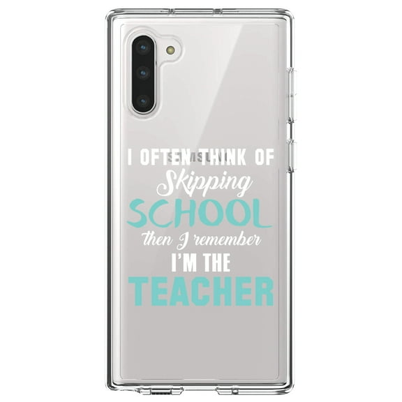 DistinctInk Clear Shockproof Hybrid Case for Samsung Galaxy Note 10 (6.3" Screen) - TPU Bumper Acrylic Back Tempered Glass Screen Protector - Think of Skipping School Remember I'm Teacher