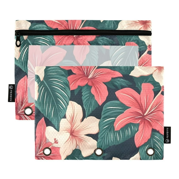 ALAZA 2 Pack Pencil Pouch Tropical Flowers-r2 Pencil Case for 3 Ring Binder Clear Window Pencil Bag Organizers
