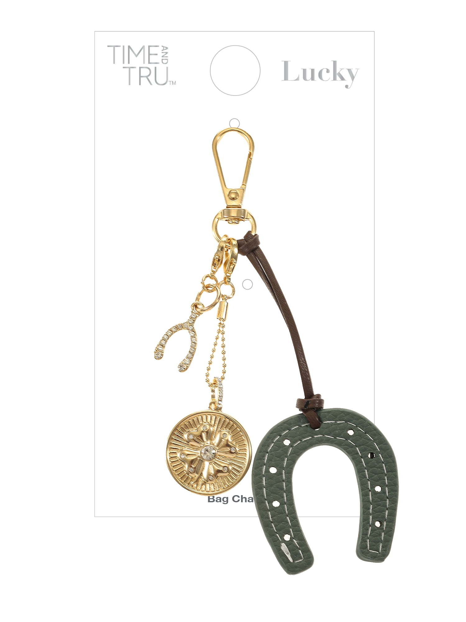 Time and Tru Goldtone and Faux Leather Horseshoe Bag Charm, Green, 1 Piece