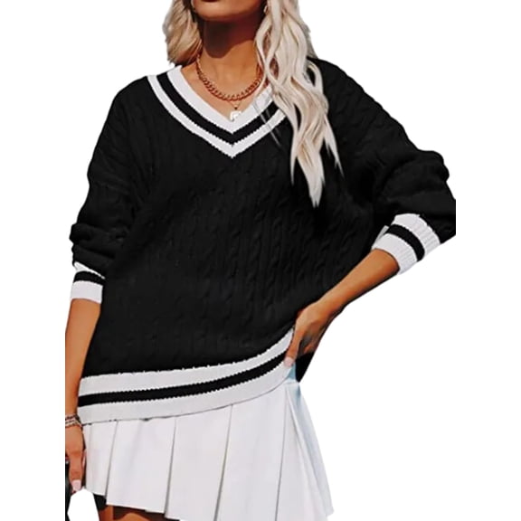 Women'S Casual V Neck Long Sleeve Sweater Trendy Striped Pullover Cable Knit Preppy Sweaters Black XXL
