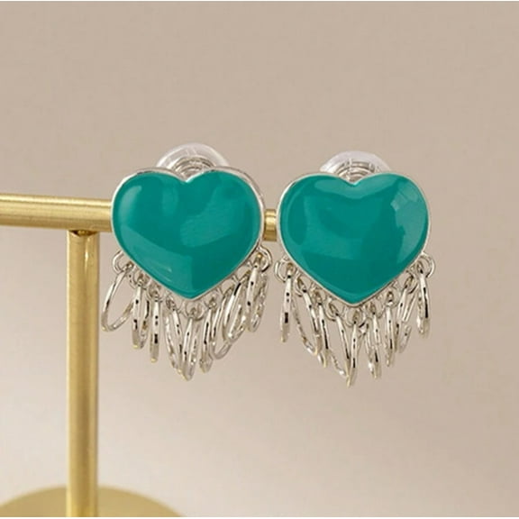 Clip on 1 1/4" comfort fit silver and turquoise heart with dangle multi ring earrings