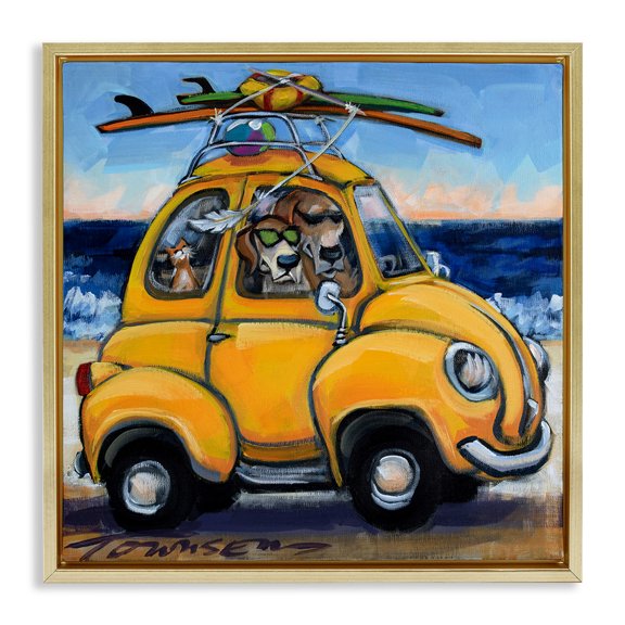 Stupell Industries Groovy Pet Beach Buggy Animals & Insects Painting Gold Floater Framed Canvas Art Print Wall Art, 18 x 18