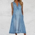 thumbnail image 5 of Women's Casual Denim Dress V Neck Sleeveless Jeans Button Down Midi Dress, 5 of 6