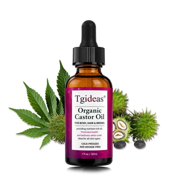 Tgideas Organic Castor Oil for Hair, Brows & Body – Cold-Pressed & Hexane-Free – Deeply Moisturizes and Softens Skin and Hair – Naturally Derived with Pure Organic Castor Oil – 1.0 fl oz (30ml)